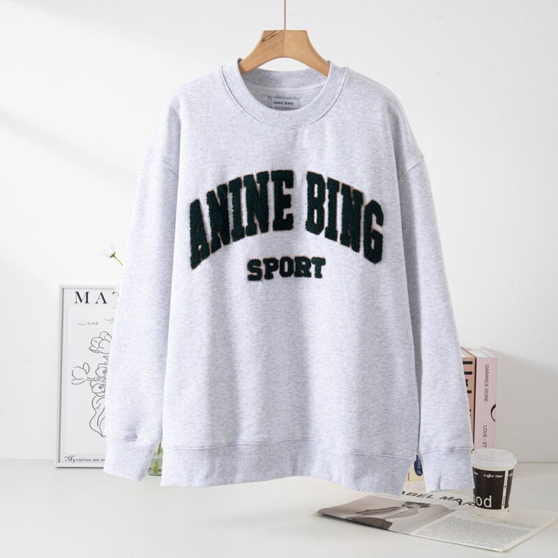 Letter Embroidery Loose Light Blue Cotton Fleece Women's Sweatshirt Long Sleeve Round Neck Pullover-ABS2480BL - 图片 27