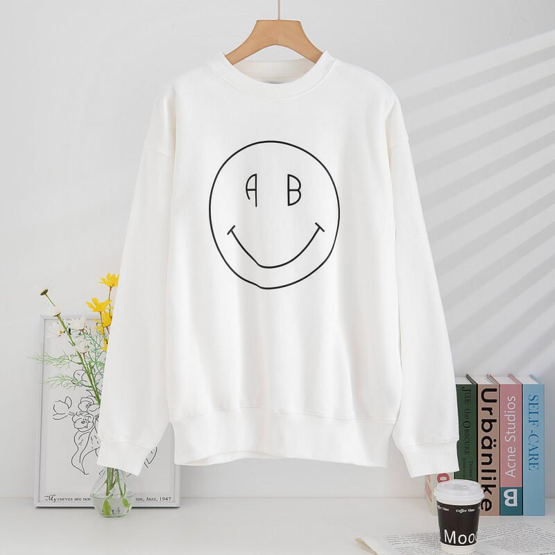 Smiley Face Printed Fleece Crew Neck Women's Plush Sweatshirt-ABS2441W - 图片 2