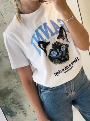 Blue Letter Embroidery Cat Printed T-shirts Women Crew Neck Cotton Short Sleeve Tops Tees-GN20