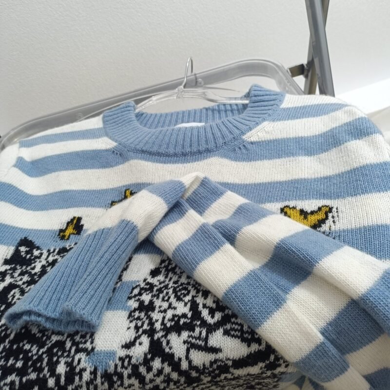 Cat Intarsia Letter Striped Knitted Wool Blend Long Sleeve Pullover Sweaters Women-GN24 - 图片 9