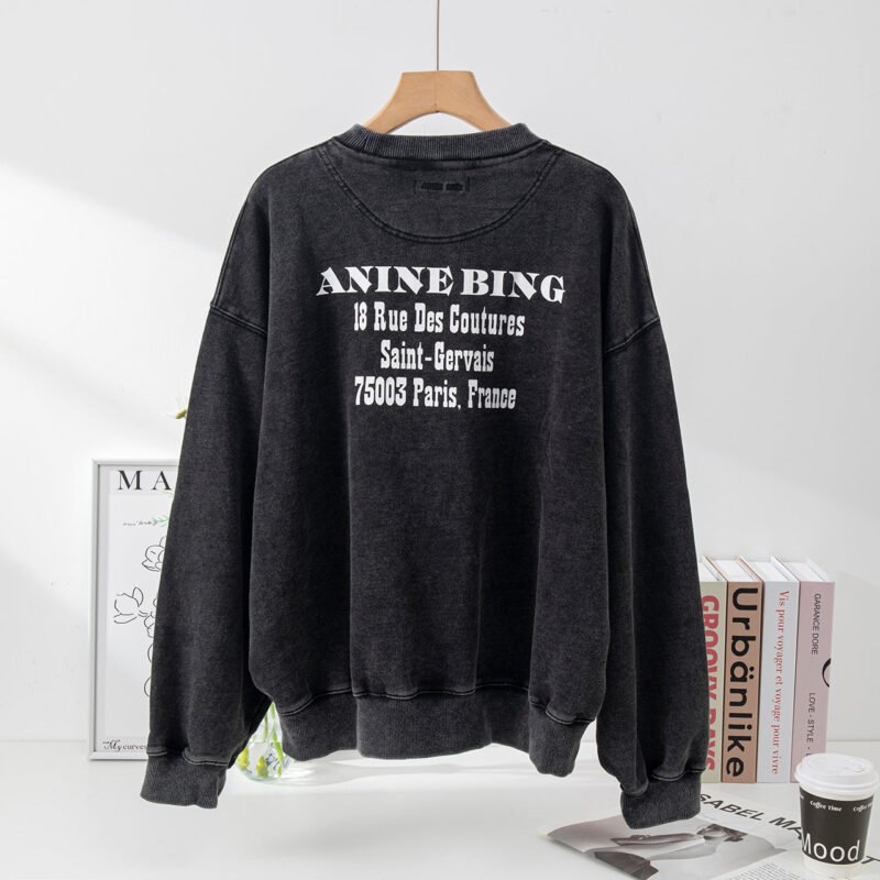 Autumn and Winter Black and Gray Classic Round Neck Letter Printing Fried Color Washing and Distressed Women's Sweatshirt -ABS2432BK - 图片 8