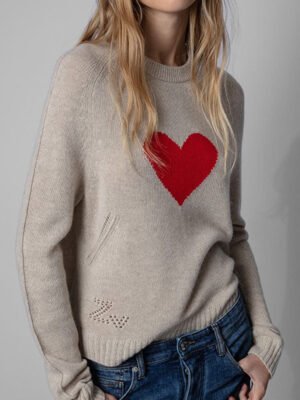 Heart Pattern Letter Round Neck Wool Sweater Women's Knitted Pullover-DH-ZV-45