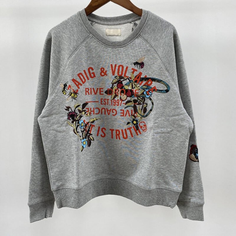 Letter Printed Heavy Flower Embroidery Women's Round Neck Sweatshirt-DH-ZV-84 - 图片 3