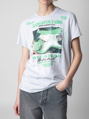 Green Guitar Print Women's O-Neck Cotton Short Sleeve T-shirt-DH-ZV-122