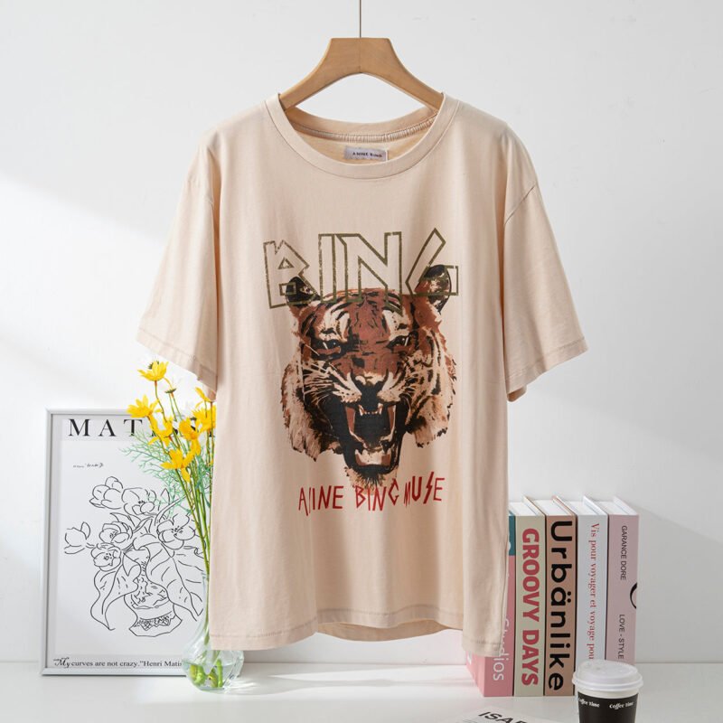 LBeige Tiger Head Print Distressed Washed Snowflake Short-sleeved T-shirt for Women-ABT04WT - 图片 10