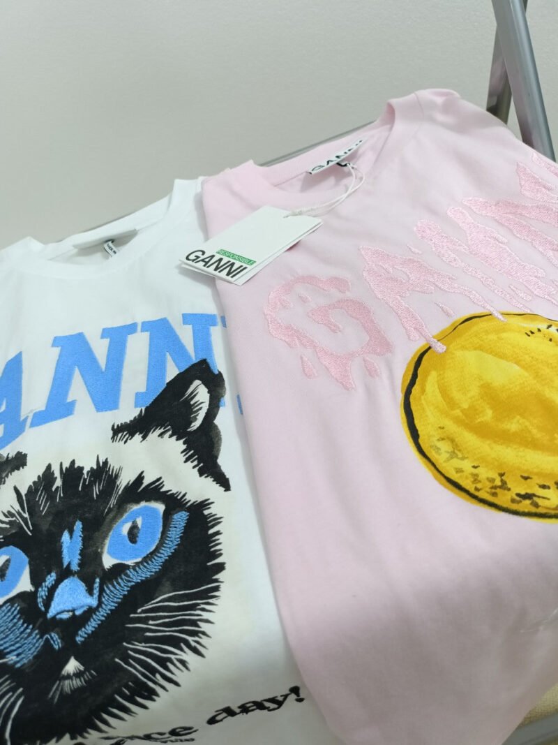 Blue Letter Embroidery Cat Printed T-shirts Women Crew Neck Cotton Short Sleeve Tops Tees-GN20 - 图片 5