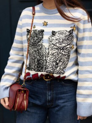 Cat Intarsia Letter Striped Knitted Wool Blend Long Sleeve Pullover Sweaters Women-GN24