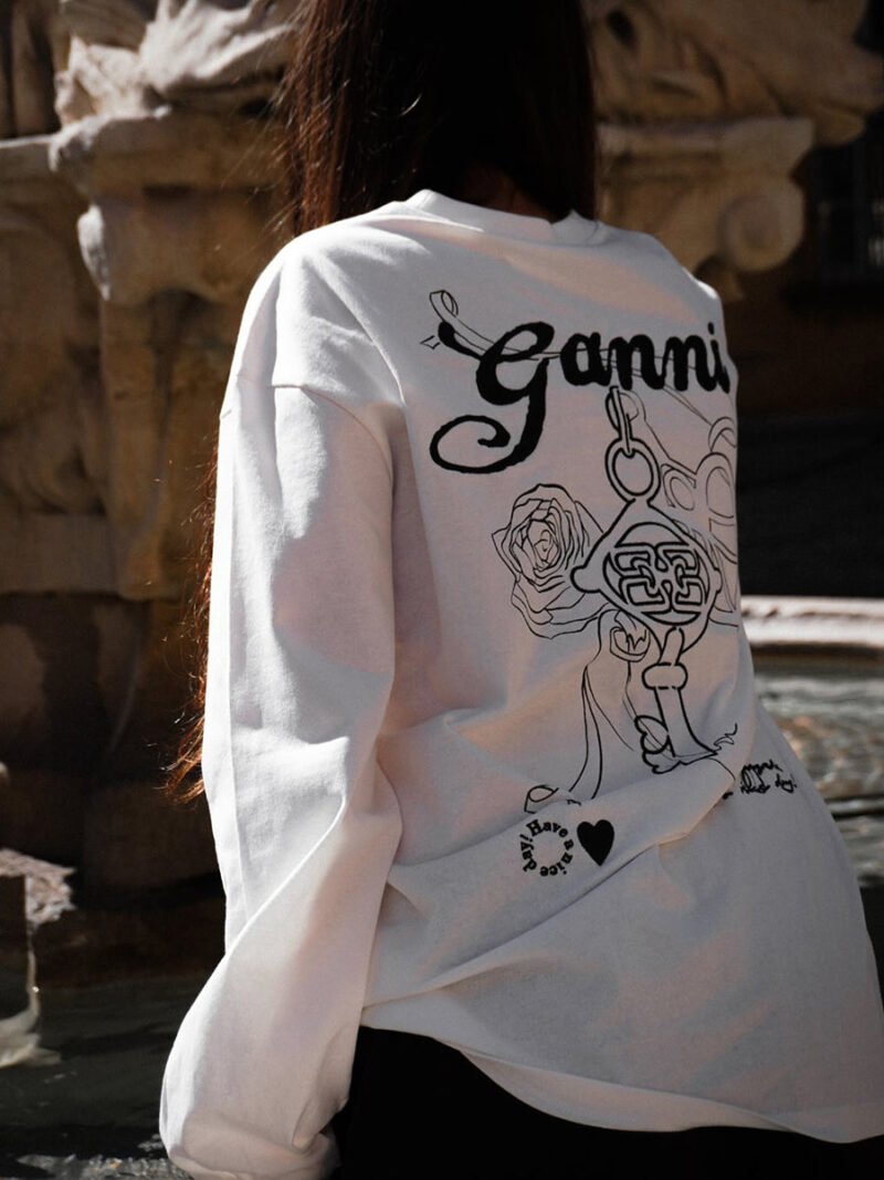 White Letter Embroidery Knot Printed Cotton Long Sleeve T-shirt Women-GN29 - 图片 2