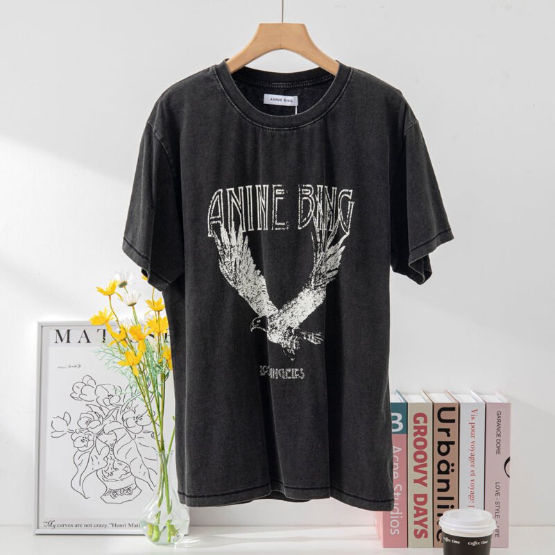 Eagle Print Washed Women's Black Short Sleeve T-Shirt-ABT07BK - 图片 2