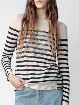 Striped Smiley Face Rhinestone Cashmere Sweater Women's Sweater-DH-ZV-100