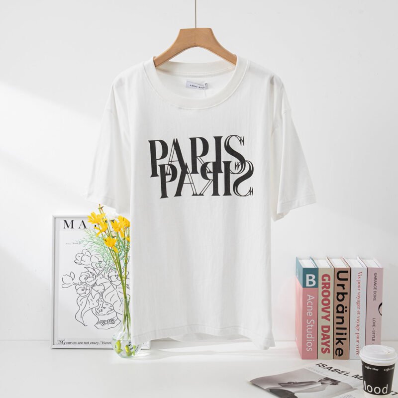 Double-image PARIS Print Front and Back English Printed Cotton Women's Round Neck T-shirt-ABT11WT - 图片 2