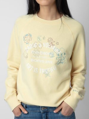 Moon Mouse Embroidery Round Neck Yellow Women's Sweatshirt-DH-ZV-46