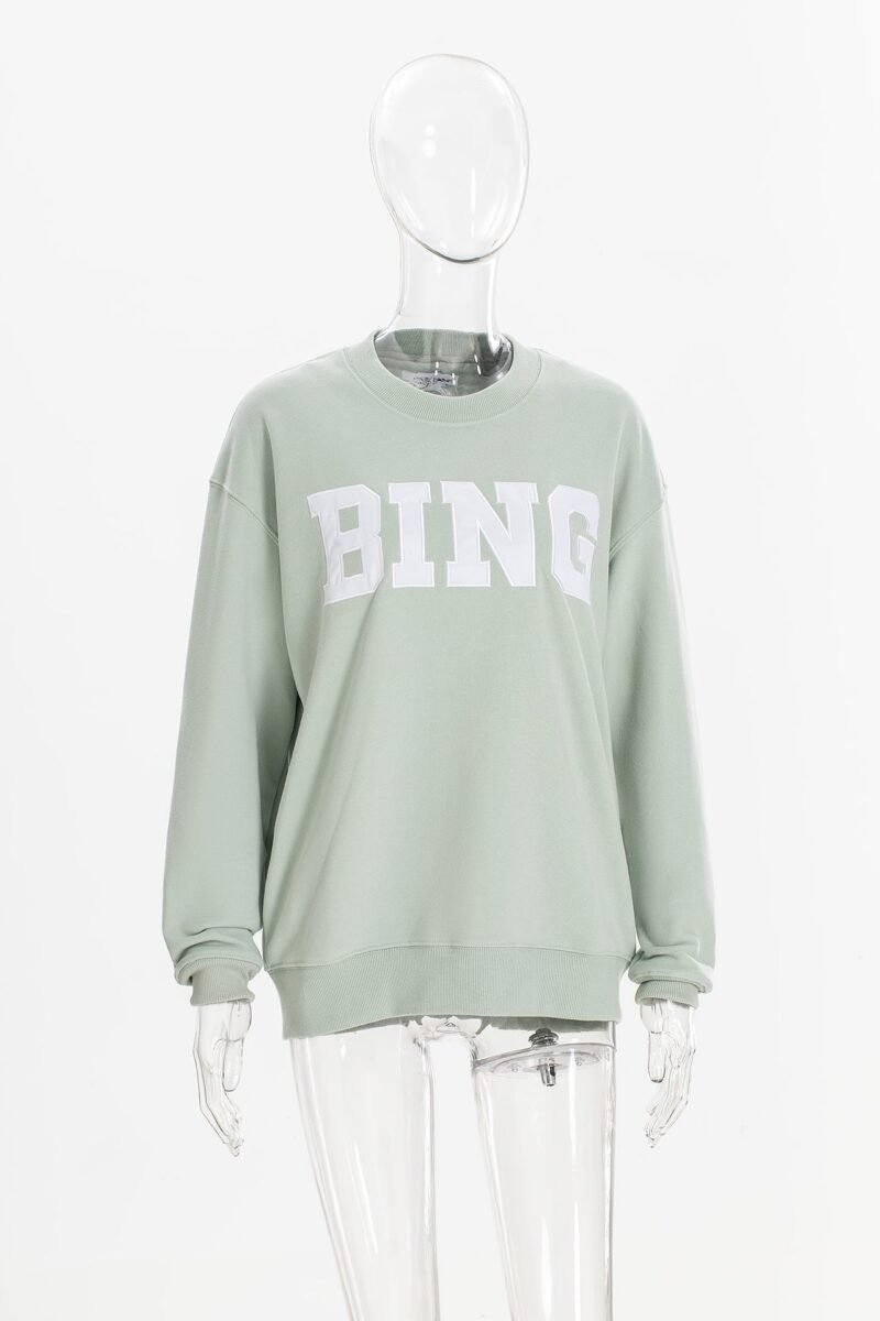 Light Green Classic Applique Embroidery BING Fleece Women's Loose Round Neck Sweatshirt-ABS2477GN - 图片 4