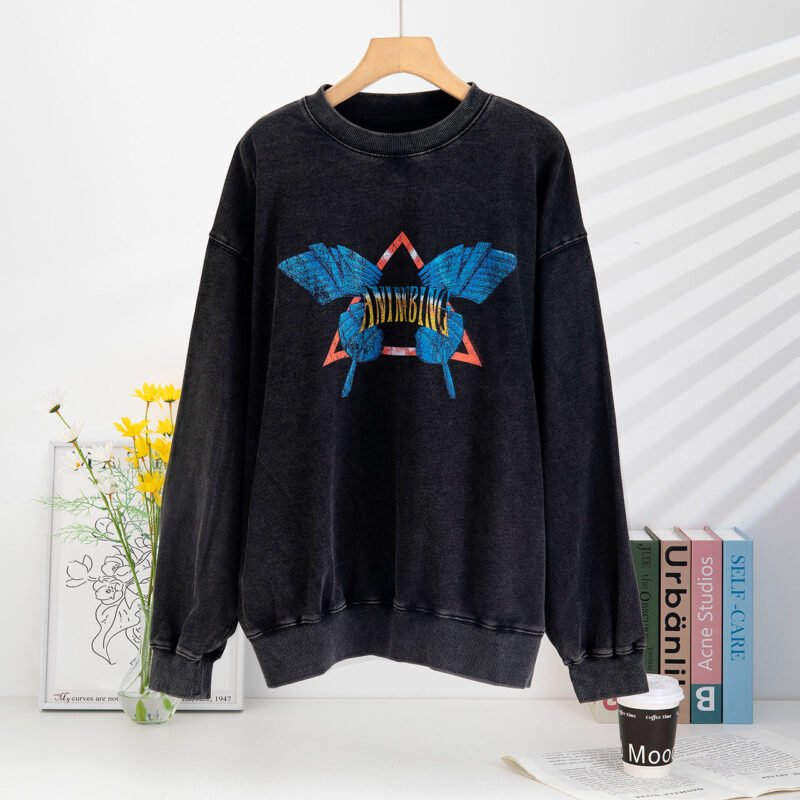 Butterfly White Ink Digital Print Distressed Color Washed Snowflake Sweatshirt for Women-ABS2452BK - 图片 2