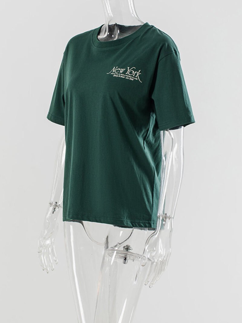 Green Letter Printed Cotton Crew Neck Short Sleeve T-shirt-GN31 - 图片 4