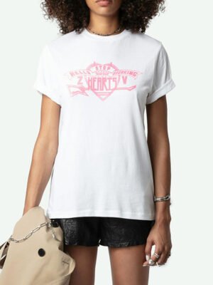 Heart Letter Flocking Print White Cotton Women's Round Neck Short-sleeved T-shirt-DH-ZV-142
