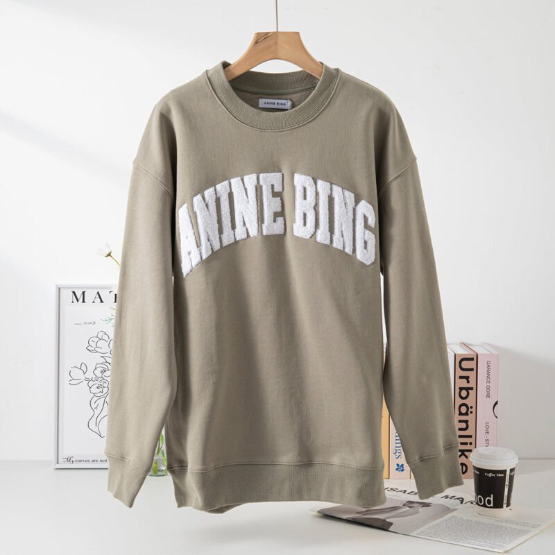 Letter Embroidery Loose Gray Cotton Fleece Women's Sweatshirt Long Sleeve Round Neck Pullover-ABS2472GY - 图片 31