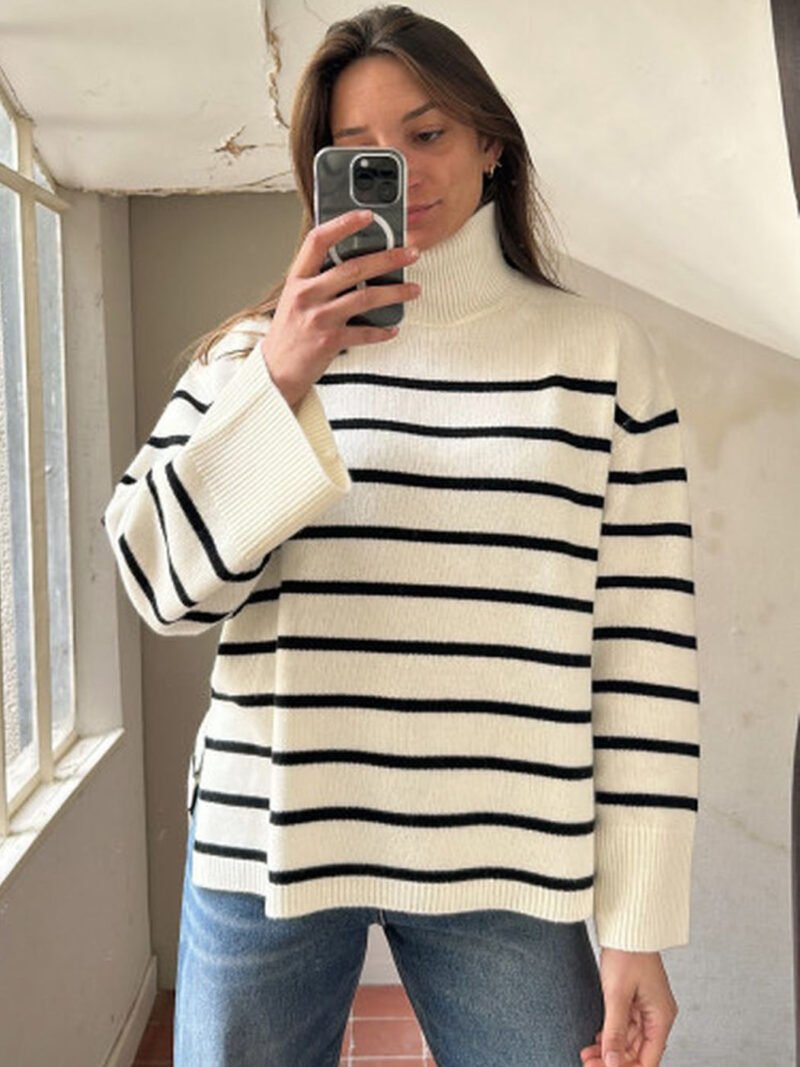 Striped Turtleneck Cashmere Women's Sweater-ABB05stri