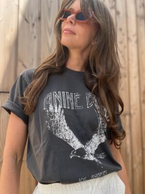 Eagle Print Washed Women's Black Short Sleeve T-Shirt-ABT07BK