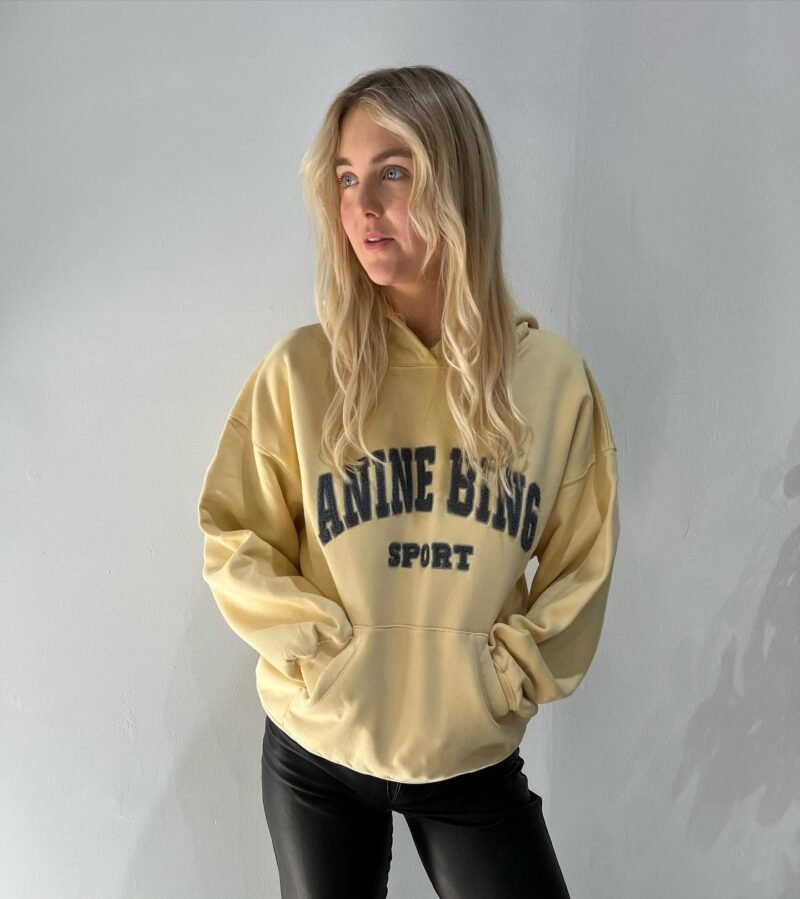 Yellow Classic Letter Hand-cranked Embroidered Round Neck Lining Plus Velvet Women's Hooded Sweatshirt-ABS2408YEL - 图片 7