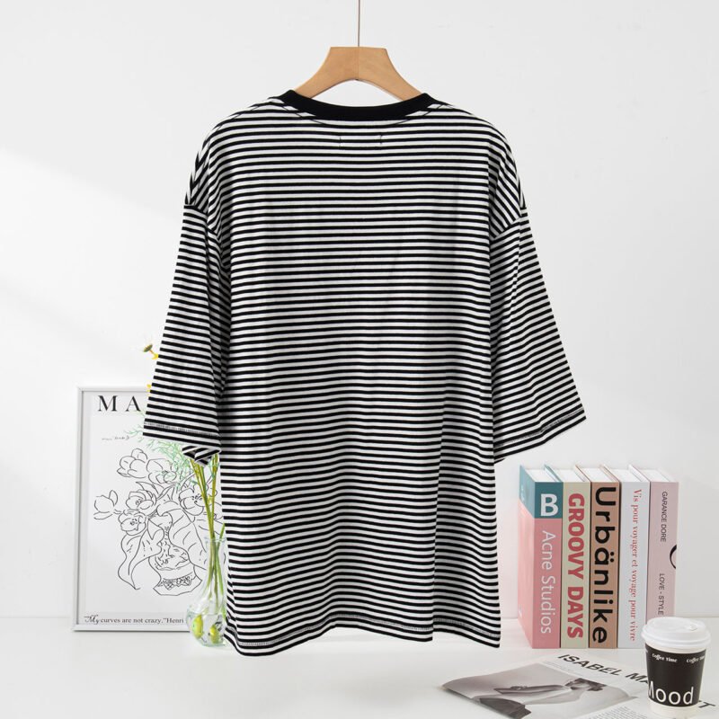 Classic Logo Embroidery Loose Women's Green Striped Short-sleeved T-shirt-ABC11GNstrip - 图片 10