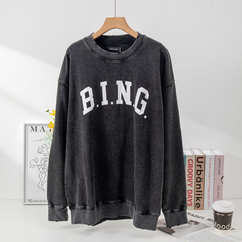 Autumn and Winter BING Printed Washed Color Ripped Loose Women's Sweatshirt-ABS2448BK - 图片 4
