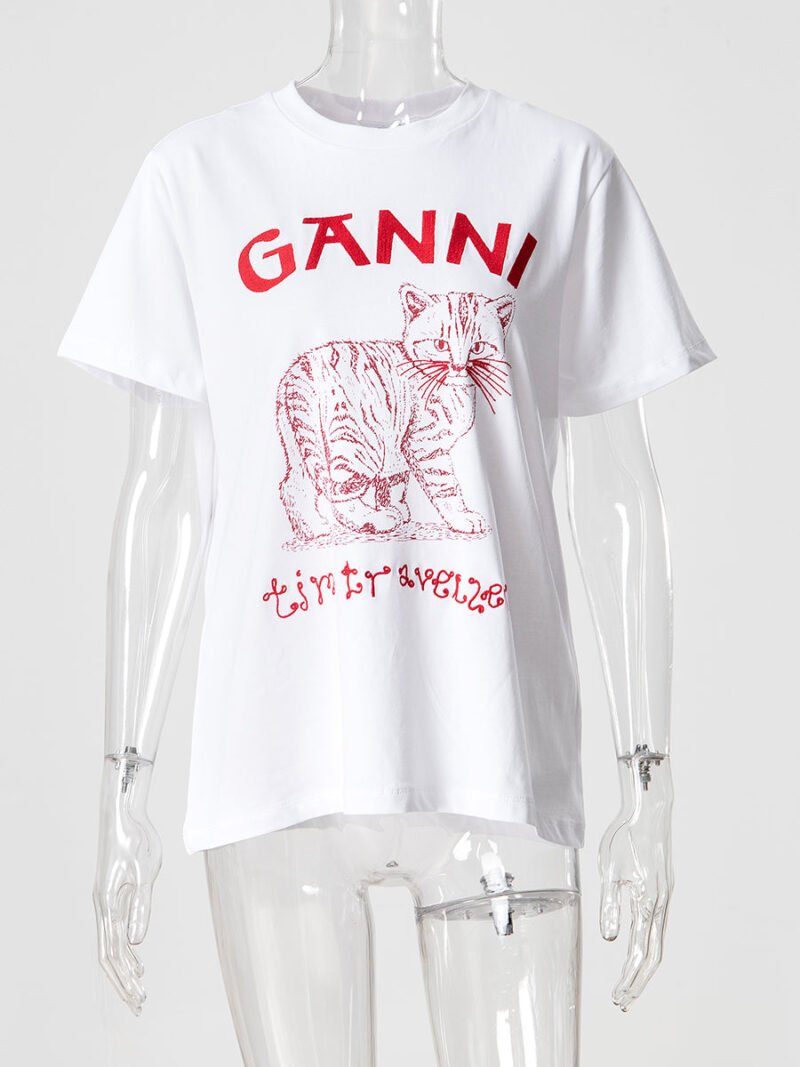 Letter Embroidery Cat Print White T-shirt Women Cotton Casual Crew Neck Short Sleeve T-shirts-GN19 - 图片 5