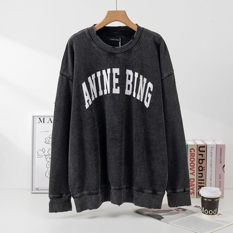 Autumn and Winter Black and Gray Classic Letter Printing Fried Color Washed Fried Snowflake Loose Women's Sweatshirt-ABS2410 - 图片 2