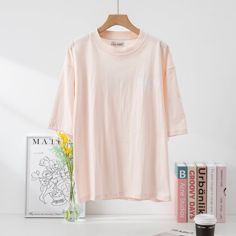 Classic Letter Print Pink Round Neck Women's Loose Short Sleeve T-Shirt-ABT42PK - 图片 2