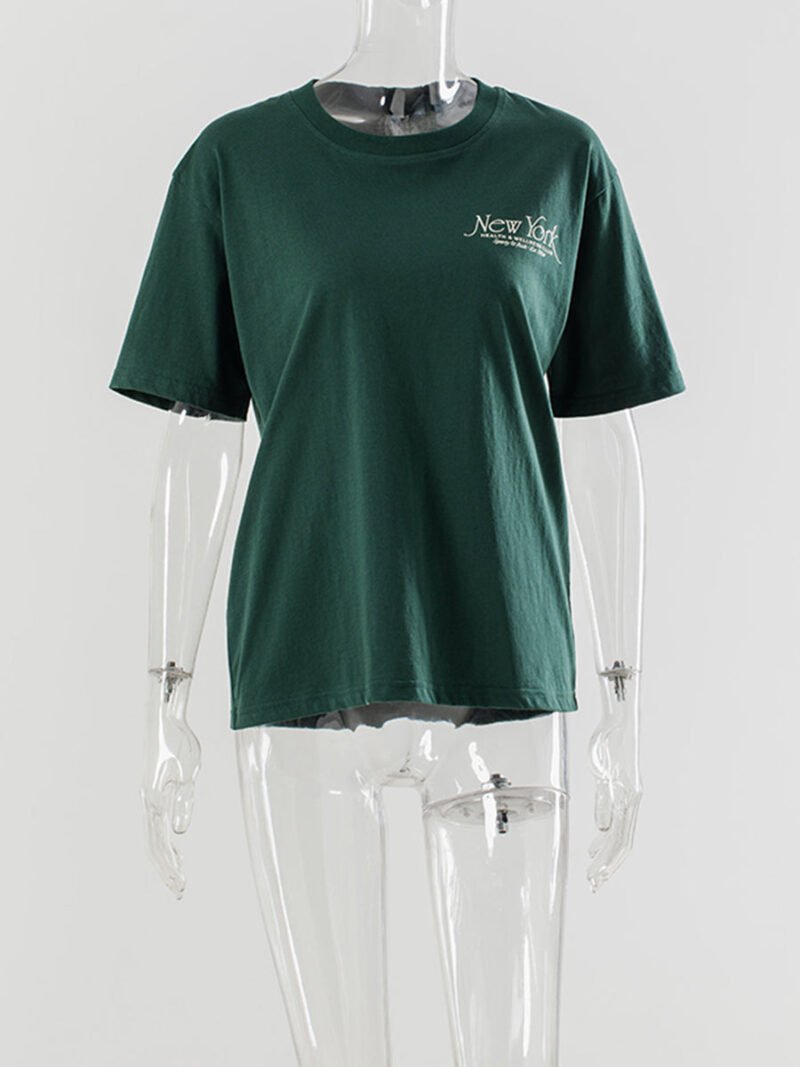 Green Letter Printed Cotton Crew Neck Short Sleeve T-shirt-GN31 - 图片 3