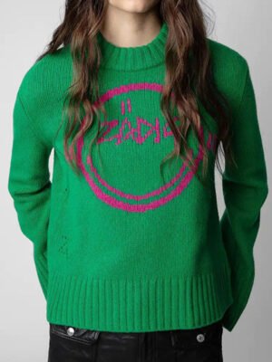 Green Wool Knitted Crew Neck Long Sleeve Women's Sweater-DH-ZV-94