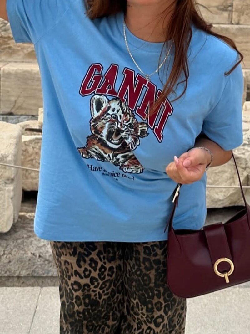 Tiger Printed Letter Cotton Round Neck Short Sleeve Tops T-shirt Women-GN20 - 图片 2
