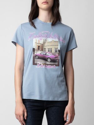 Rose Red Car White Ink Digital Print Cotton Women's Short Sleeve T-Shirt-DH-ZV-71