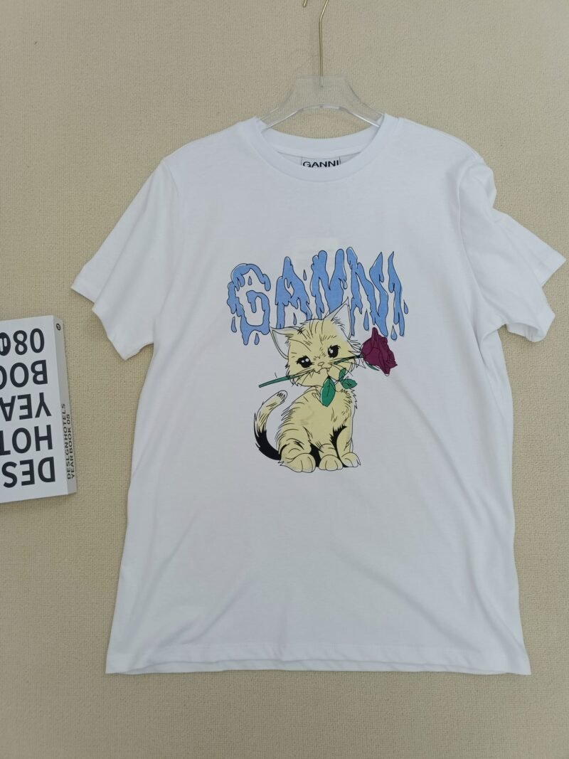 Rabbit Printed White Cotton Letter O-neck Short Sleeve T-shirt-GN22 - 图片 9