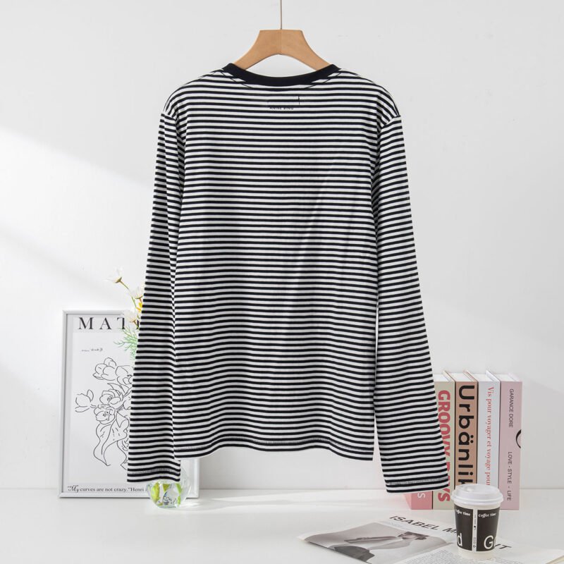 Women's Cotton Round Neck Long Sleeve T-shirt with Striped Logo Embroidery-ABT01stri - 图片 9