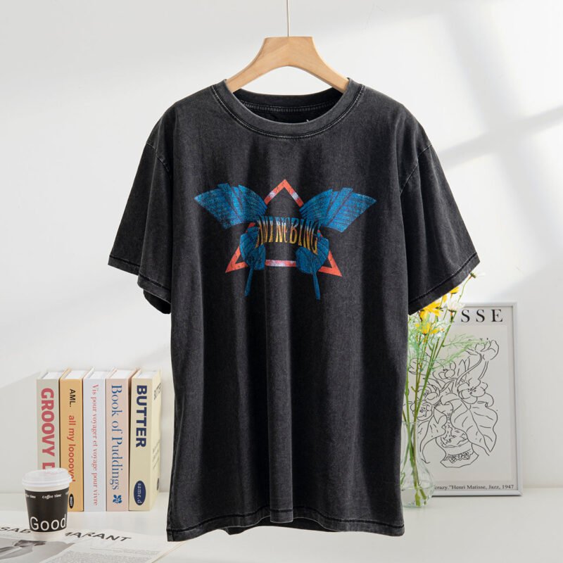 White Ink Digital Print Butterfly Washed Short-sleeved T-shirt for Women Tops-ABT27BK - 图片 2