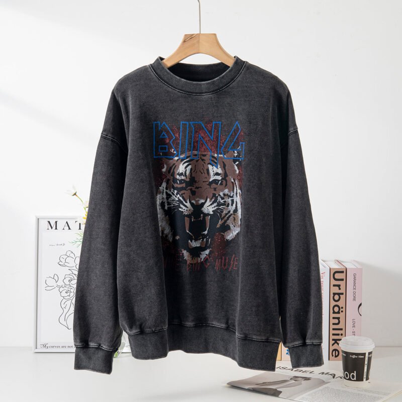 Gray and Black Tiger Head White Ink Digital Print Washed Fried Color Fried Snowflakes Old Sweater for Women-ABS2413BK - 图片 2