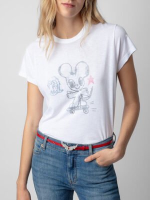 Mouse Printed Cotton White Crew Neck Women's Short Sleeve T-Shirt-DH-ZV-70