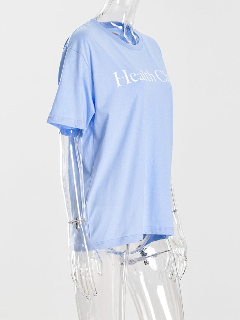 Blue Letter Print Classic Cotton Short Sleeve T-shirt-GN61 - 图片 4