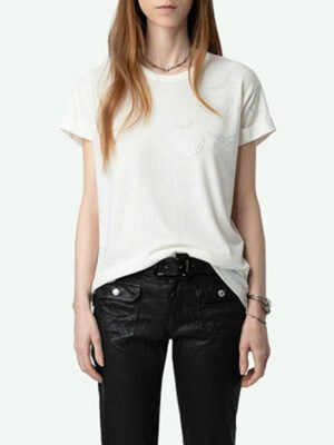 Wings Hot Diamond Cotton Round Neck Roll Sleeves Ladies Short Sleeve T-shirt-DH-ZV-155