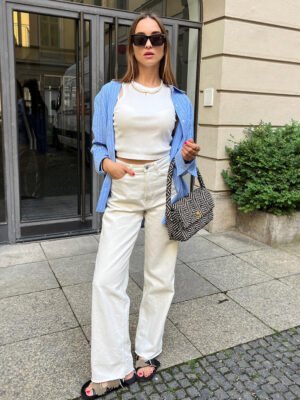 Stretch White Straight Mid-Rise Women's Jeans-ABP3009WT