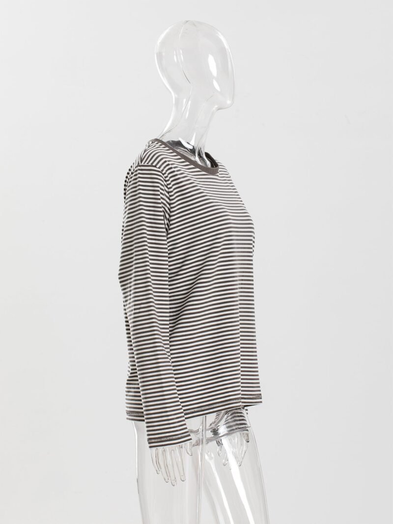 Autumn Light Green Striped Logo Embroidery Women's Loose Long-sleeved T-shirt-ABC12GNstrip - 图片 5