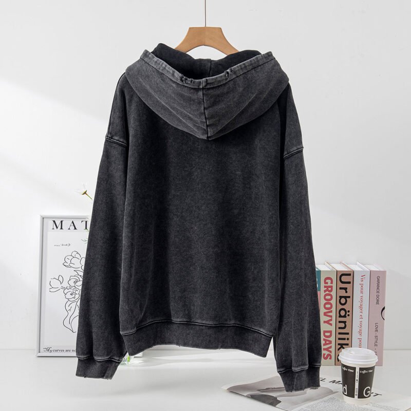 Black Classic Black Letter Print Washed Color Fried Snowflake Loose Hooded Sweatshirt-ABS2404BK - 图片 3