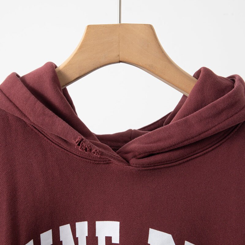 Burgundy Classic Letter Print Dyed Distressed Washed Women's Hooded Sweatshirt-ABS2403RED - 图片 5