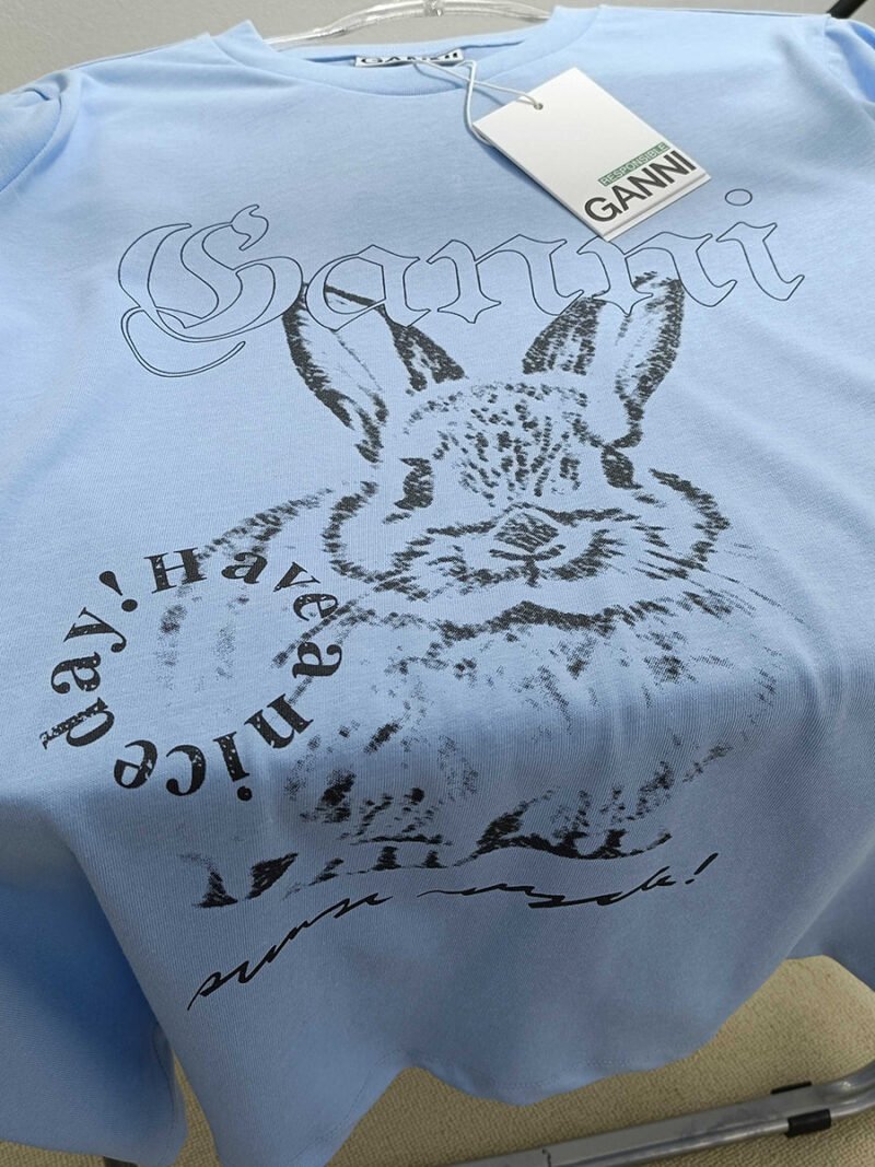 Rabbit Printed Graphic Letter Blue T-shirt Women Round Neck Cotton Casual Fashion Tops T-shirts Summer-GN09 - 图片 6