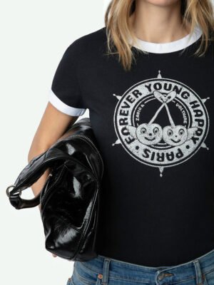 Cherry Letter Print Rhinestone Black Women's Short-sleeved T-shirt-DH-ZV-161