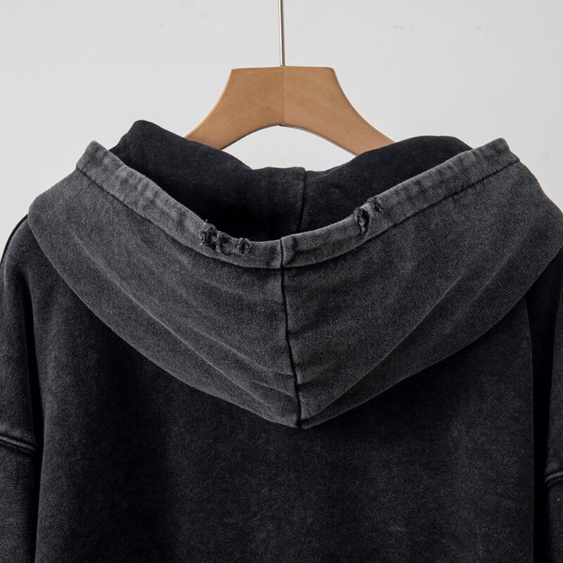 Black Classic Black Letter Print Washed Color Fried Snowflake Loose Hooded Sweatshirt-ABS2404BK - 图片 7