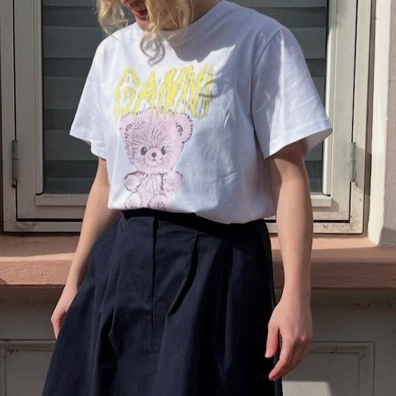 Little Bear Graphic Letter Printed White T-shirt Women Summer Cotton Casual Round Neck Fashion Short Sleeve T-shirts-GN10 - 图片 2