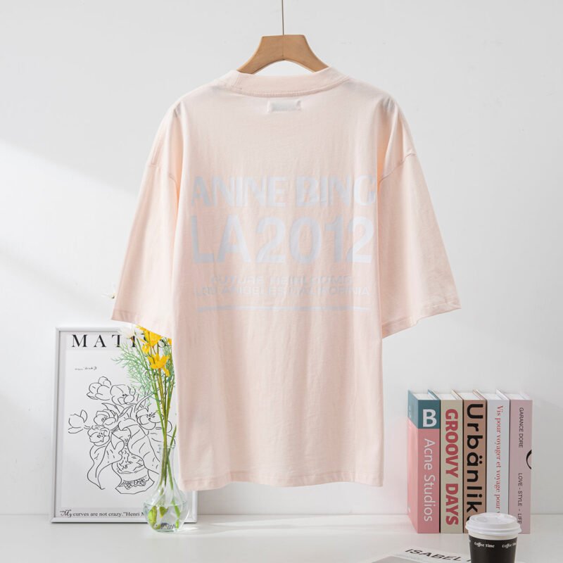 Classic Letter Print Pink Round Neck Women's Loose Short Sleeve T-Shirt-ABT42PK - 图片 3