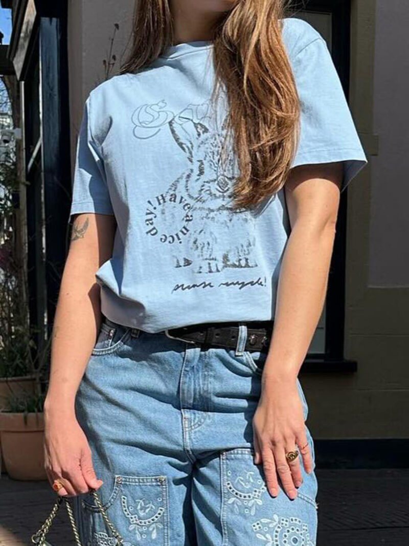 Rabbit Printed Graphic Letter Blue T-shirt Women Round Neck Cotton Casual Fashion Tops T-shirts Summer-GN09 - 图片 2
